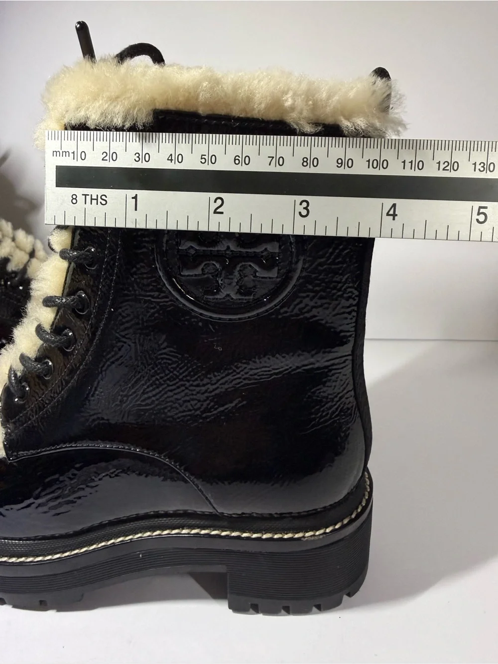 Tory Burch Black Patent Leather Shearling-Trim Combat Boots size5